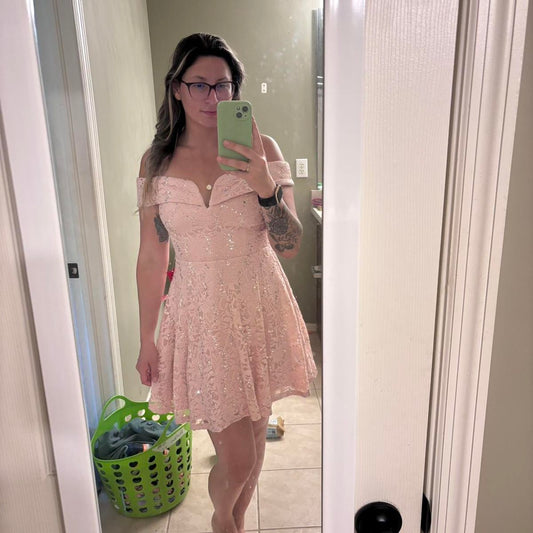 Shiny A Line Off The Shoulder Pink Lace Sequin Short Homecoming Dress,Vacation Dress,Summer 17th Birthday Dress GG4628