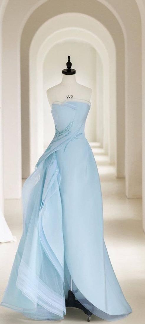 Elegant A Line Strapless Light Blue Ripple Tulle Long Prom Dress, Evening Dress GG463
