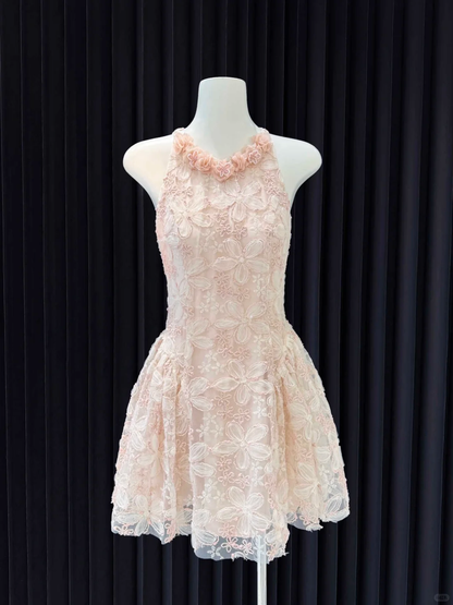 Cute A Line Halter Lace Floral Short Homecoming Dress,Vacation Dress,Summer 16th Birthday Dress GG4642