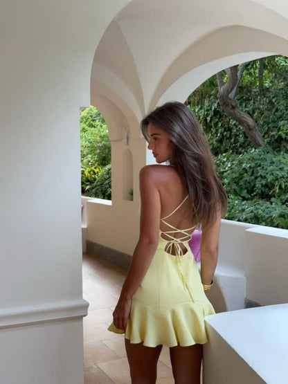 Sexy Pastel Yellow A Line Spaghetti Straps Satin With Ruffle Hem Short Homecoming Dress,Vacation Dress,Summer 20th Birthday Dress GG4659