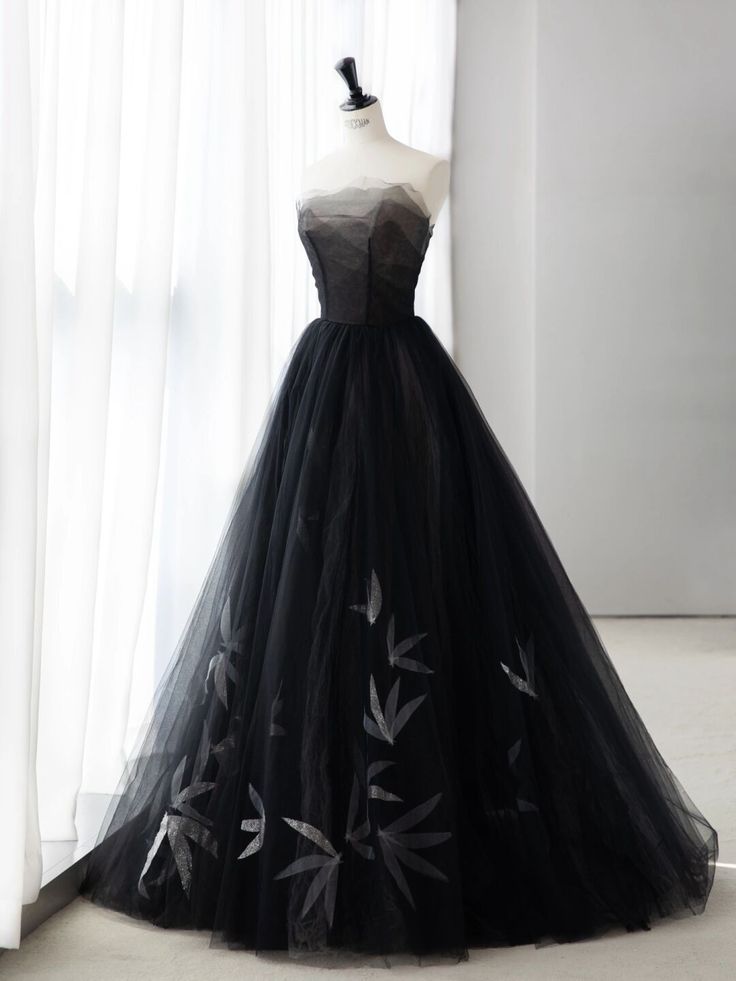 Chic A Line Strapless Black Applique Tulle Long Prom Dress, Evening Dress GG466
