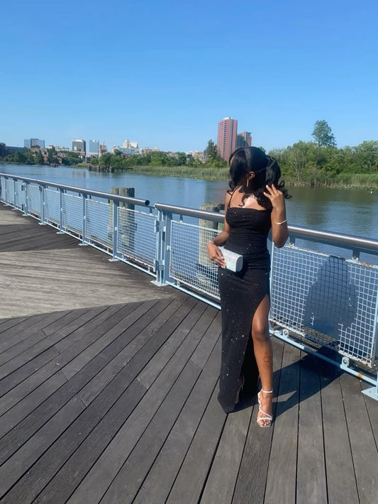 Shiny Mermaid Spaghetti Straps Black Satin Sequin Slit Long Prom Dress,Party Dress,Formal Evening Dress GG4664