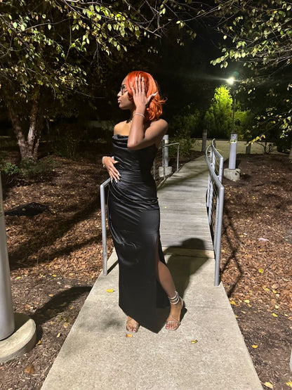 Elegant Mermaid Strapless Black Satin Slit Long Prom Dress,Party Dress,Formal Evening Dress GG4665