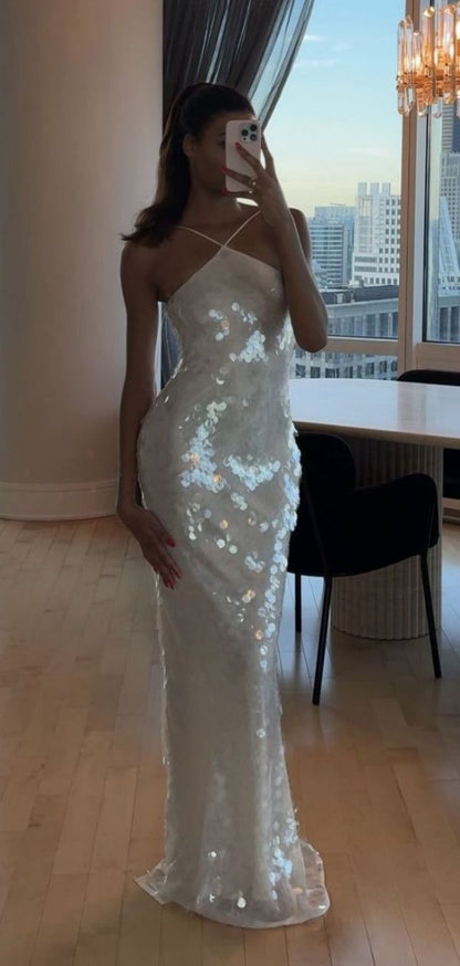 Exquisite Mermaid Halter White Sequin Long Prom Dress,Party Dress,Formal Evening Dress GG4667