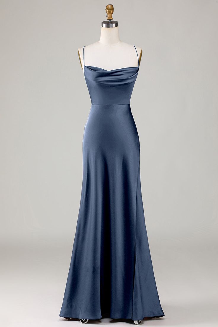 Chic A Line Spaghetti Straps Sleeveless Satin With Slit Long Prom Dress, Evening Dress GG467