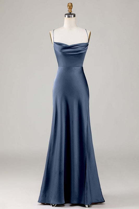Chic A Line Spaghetti Straps Sleeveless Satin With Slit Long Prom Dress, Evening Dress GG467