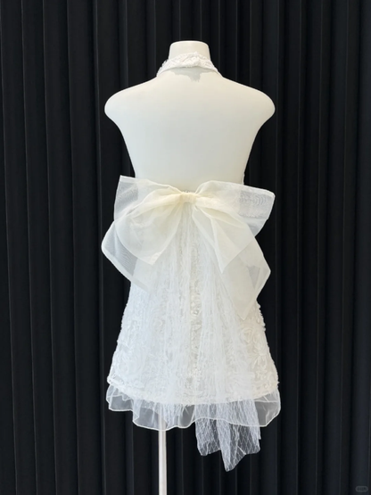 Fairy A Line Halter Lace Tulle Backless With Bow Short Homecoming Dress,Vacation Dress,Summer 19th Birthday Dress GG4682