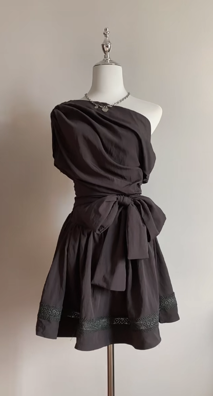 Chic A Line One Shoulder Satin Lace Short Homecoming Dress,Vacation Dress,Summer 17th Birthday Dress GG4708