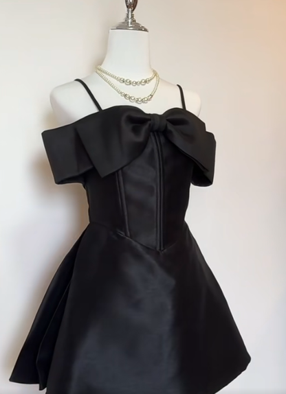 Cute A Line Spaghetti Straps Black Satin Short Homecoming Dress,Vacation Dress,Summer 17th Birthday Dress GG4709