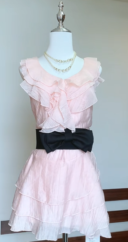 Pretty A Line Pink Chiffon Ruffle With Black Belt Short Homecoming Dress,Vacation Dress,Summer 17th Birthday Dress GG4710