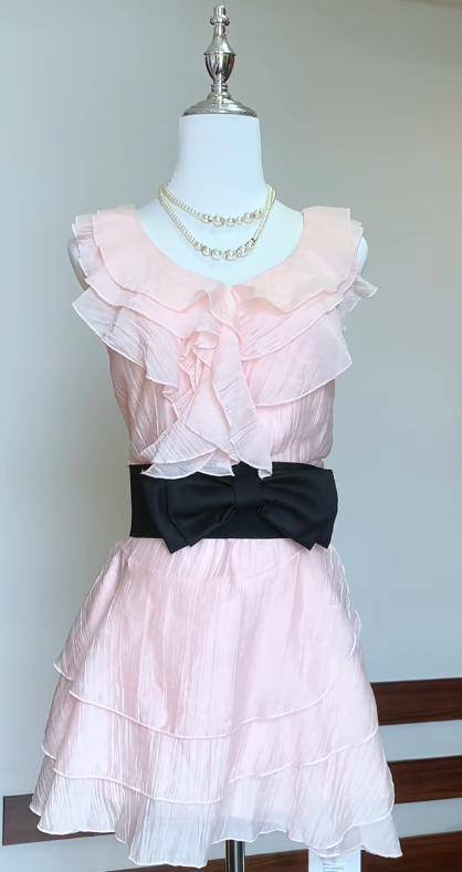 Pretty A Line Pink Chiffon Ruffle With Black Belt Short Homecoming Dress,Vacation Dress,Summer 17th Birthday Dress GG4710