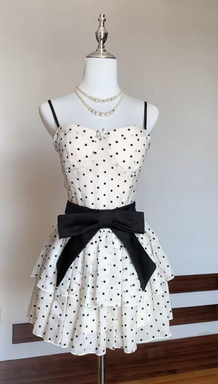 Princess A Line Spaghetti Straps Chiffon Polka Dots With Black Bow Belt Short Homecoming Dress,Vacation Dress,Summer 18th Birthday Dress GG4711