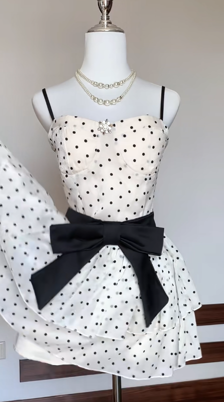 Princess A Line Spaghetti Straps Chiffon Polka Dots With Black Bow Belt Short Homecoming Dress,Vacation Dress,Summer 18th Birthday Dress GG4711