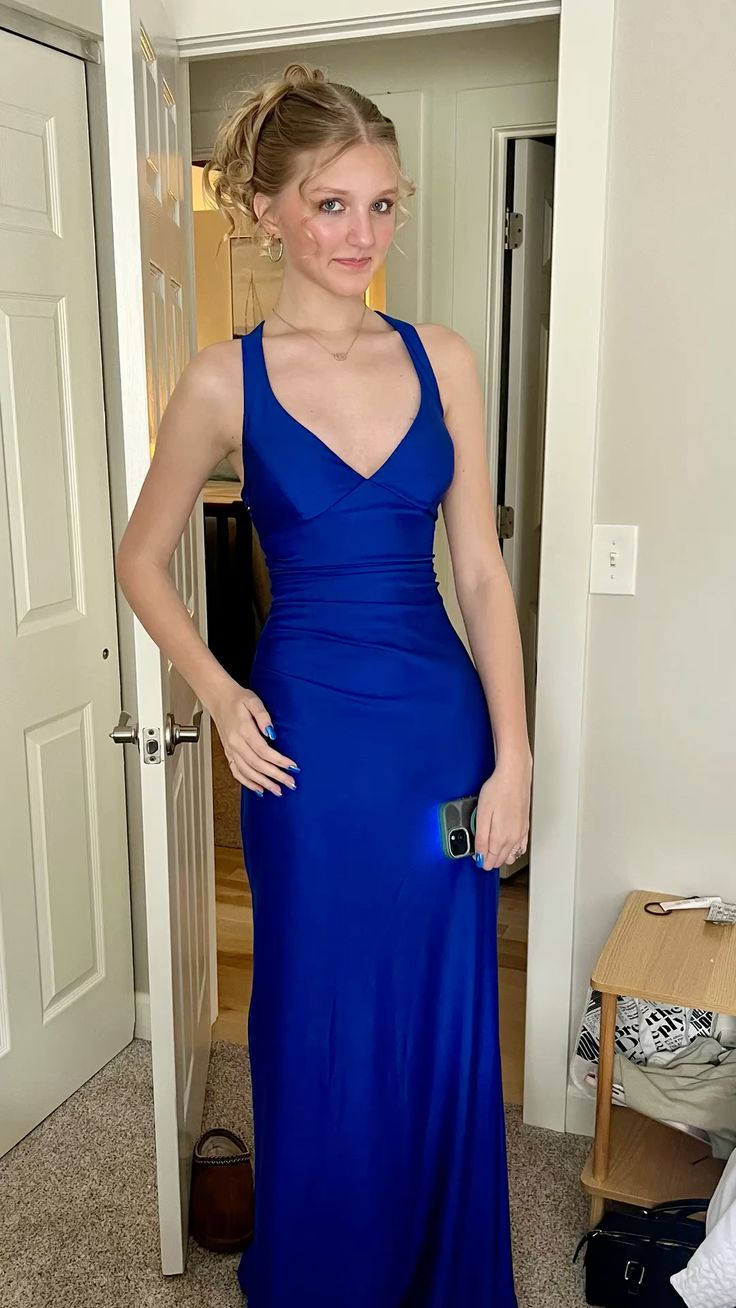 Sexy Sheath Halter Mermaid Royal Blue Satin Long Prom Dress,Party Dress,Formal Evening Dress GG4716
