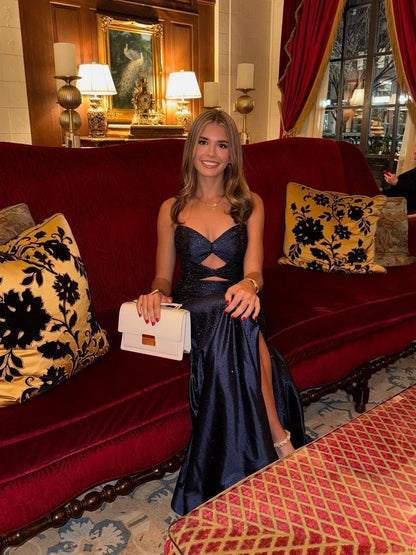 Shiny A Line Sweetheart Satin Beads Slit Long Prom Dress,Party Dress,Formal Evening Dress GG4717