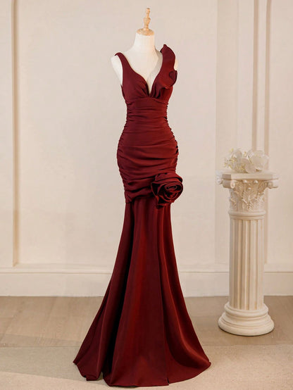 Pretty V Neck Burgundy Mermaid Satin Flower Long Prom Dress,Party Dress,Formal Evening Dress GG4720