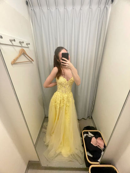 Pastel Yellow A Line Strapless Tulle Lace Long Prom Dress,Party Dress,Formal Evening Dress GG4721