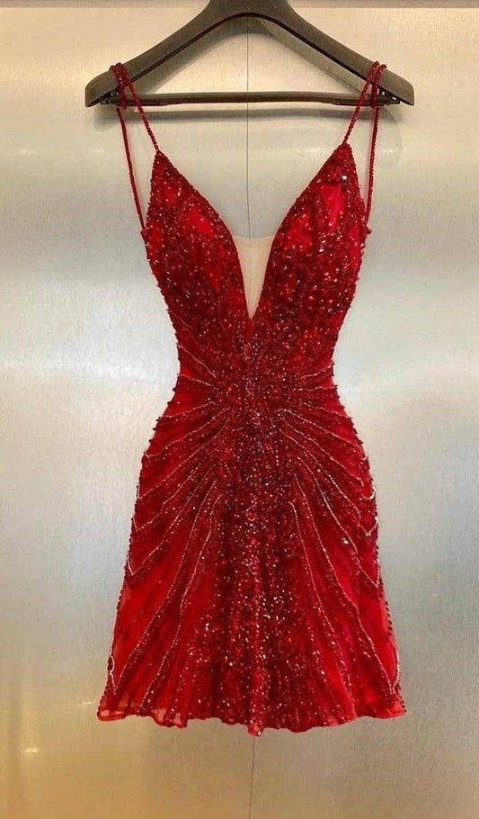 Sparkles A Line Spaghetti Straps Red Sequin Short Homecoming Dress,Vacation Dress,Summer 22th Birthday Dress GG4725