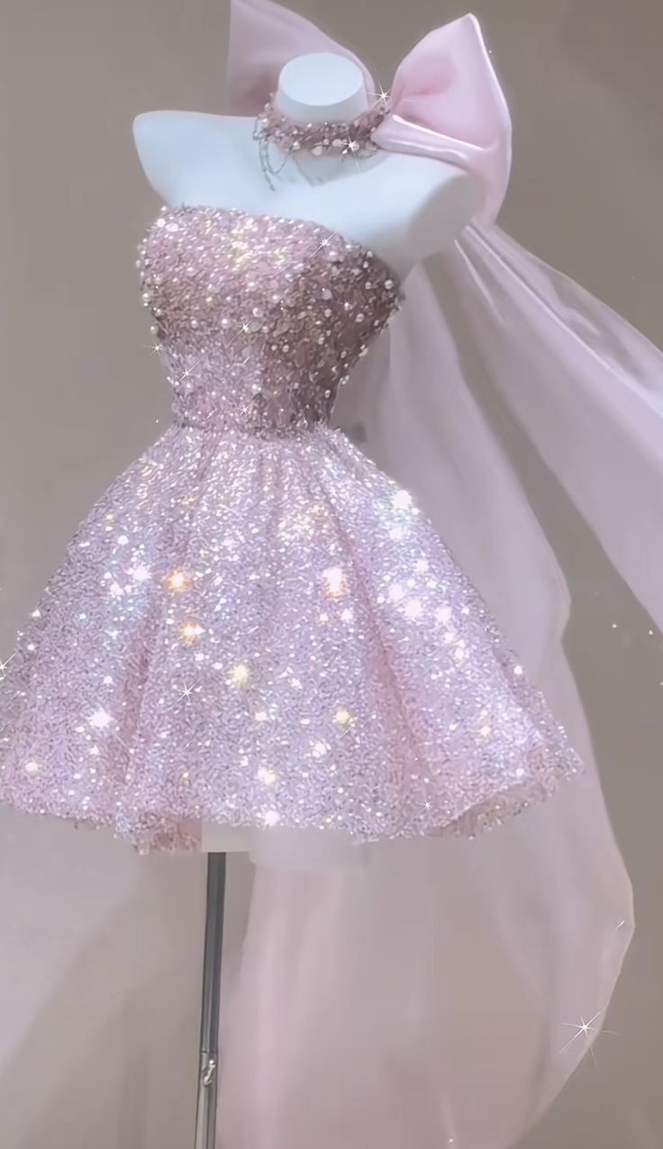 Sweet A Line Strapless Pink Sequin With Bow Short Homecoming Dress,Vacation Dress,Summer 16th Birthday Dress GG4730