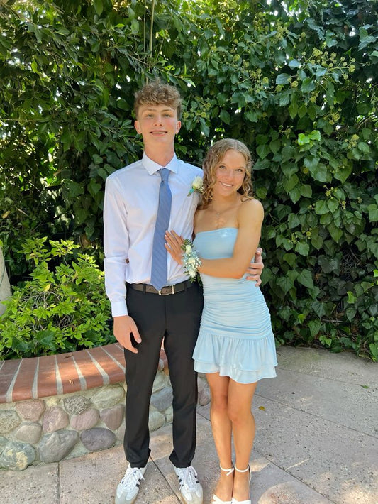 Bodycon Mermaid Strapless Pale Blue Satin Short Homecoming Dress,Vacation Dress,Summer 17th Birthday Dress GG4732