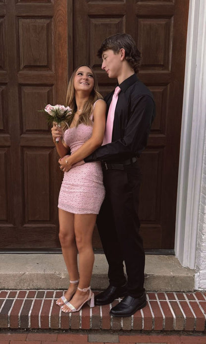 Pretty Mermaid Square Pink Satin Beads Short Homecoming Dress,Vacation Dress,Summer 19th Birthday Dress GG4734