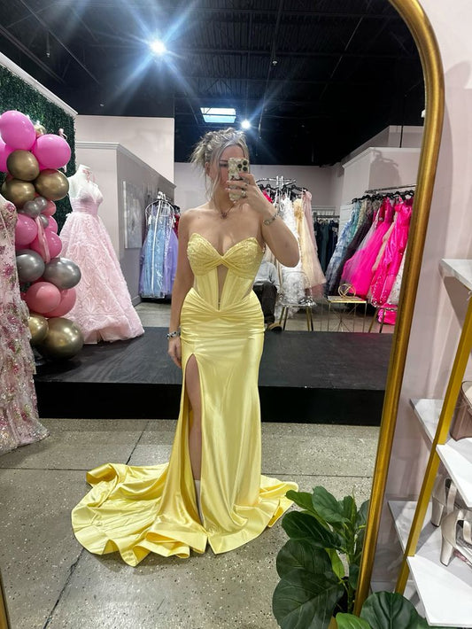 Pretty Sweetheart Mermaid Yellow Satin Slit Long Prom Dress,Party Dress,Formal Evening Dress GG4747