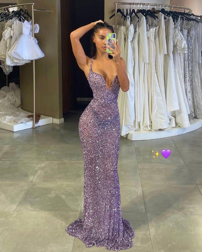 Sparkles Purple Mermaid Spaghetti Straps Sequin Long Prom Dress,Party Dress,Formal Evening Dress GG4749
