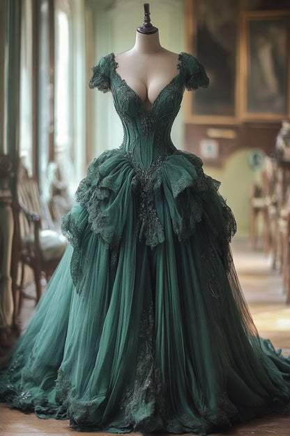 Unique Ball Gown V Neck Tulle Lace Long Prom Dress,Wedding Dress,Formal Evening Dress GG4758