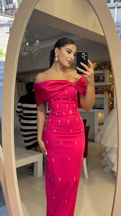 Unique Mermaid Off The Shoulder Hot Pink Satin Beaded Long Prom Dress,Wedding Dress,Formal Evening Dress GG4761