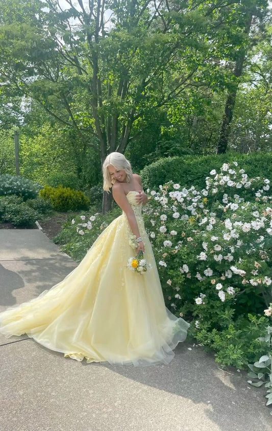 Pretty A Line Strapless Pastel Yellow Tulle Applique Long Prom Dress,Wedding Dress,Formal Evening Dress GG4762