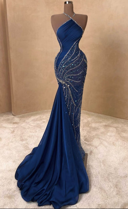 Gorgeous Mermaid Halter Satin Beads Long Prom Dress,Wedding Dress,Formal Evening Dress GG4764