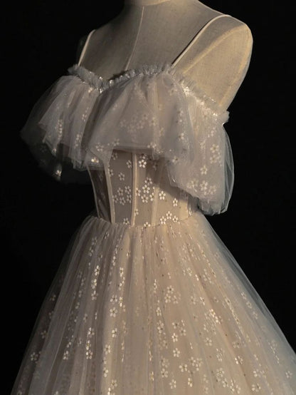 Elegant A Line Spaghetti Straps Light Champagne Tulle Daisy Long Prom Dress,Evening Dress GG477