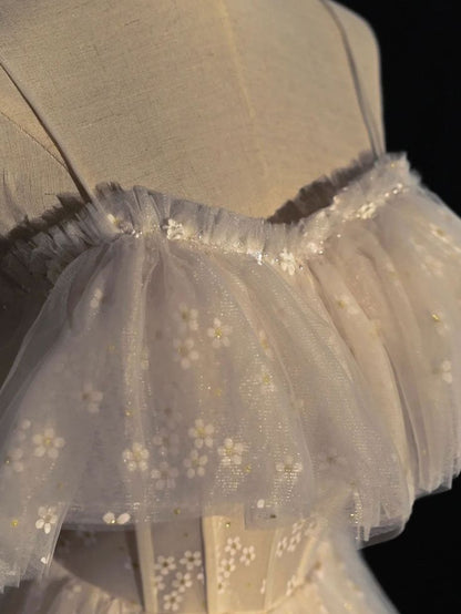 Elegant A Line Spaghetti Straps Light Champagne Tulle Daisy Long Prom Dress,Evening Dress GG477