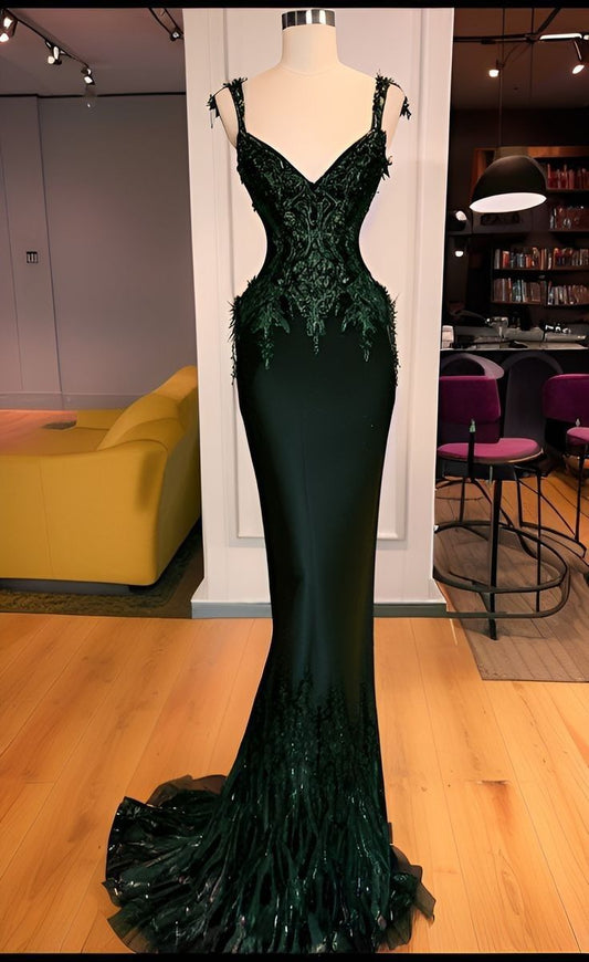 Sexy Sheath Mermaid Spaghetti Straps Satin Lace Sequin Long Prom Dress,Party Dress,Formal Evening Dress GG4770