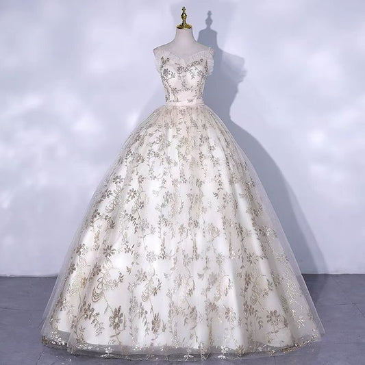 Elegant Ball Gown Spaghetti Straps Light Lvory Tulle Printed Long Prom Dress,Evening Dress GG478