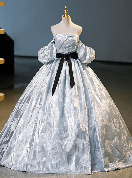 Chic Ball Gown Off The Shoulder Gray Strapless Pleats Puff Sleeves Long Prom Dress,Evening Dress GG479