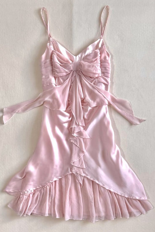 Sweet Pink A Line Spaghetti Straps Satin Chiffon Ruffle Bow Short Homecoming Dress,Vacation Dress,Summer 16th Birthday Dress GG4791