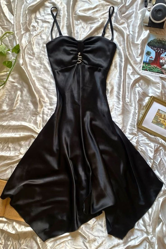 Elegant A Line Spaghetti Straps Black Satin Short Homecoming Dress,Vacation Dress,Summer 19th Birthday Dress GG4792