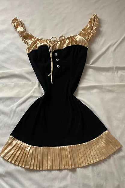 Unique A Line Off The Shoulder Black And Gold Satin Short Homecoming Dress,Vacation Dress,Summer 20th Birthday Dress GG4794