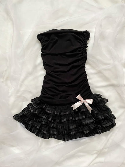 Pretty A Line Strapless Black Satin Tulle Pleated Short Homecoming Dress,Vacation Dress,Summer 17th Birthday Dress GG4795