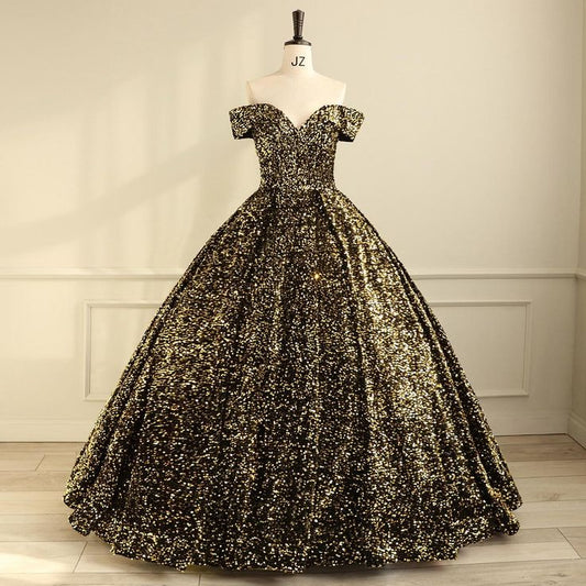 Shiny Ball Gown Off The Shoulder Blackgold Sequin  Long Prom Dress,Evening Dress GG481