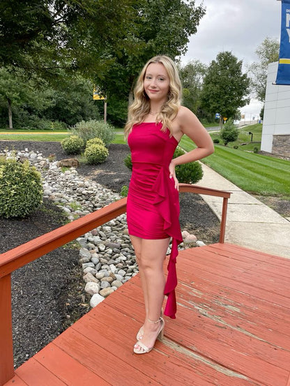 Sexy Mermaid Burgundy Strapless Satin Ruffle Short Homecoming Dress,Vacation Dress,Summer 20th Birthday Dress GG4819