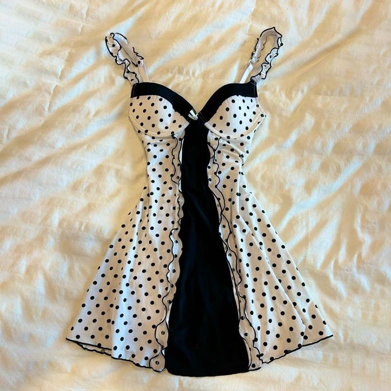 Pretty A Line Spaghetti Straps Satin Polka Dots Short Homecoming Dress,Vacation Dress,Summer 20h Birthday Dress GG4830