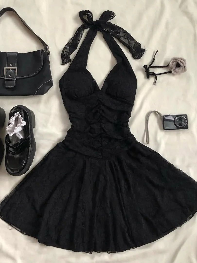 Charming Black Halter A Line Lace Short Homecoming Dress,Vacation Dress,Summer 22h Birthday Dress GG4832