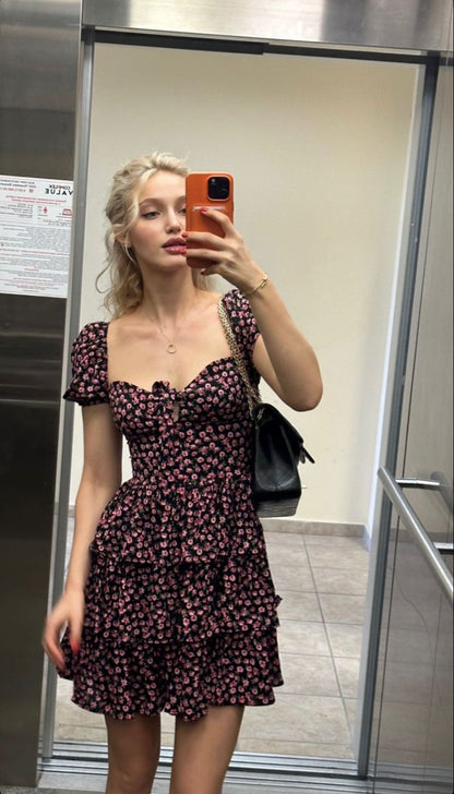 Pretty A Line Sweetheart Printed Floral Satin Layer Short Sleeves Short Homecoming Dress,Vacation Dress,Summer 20h Birthday Dress GG4849