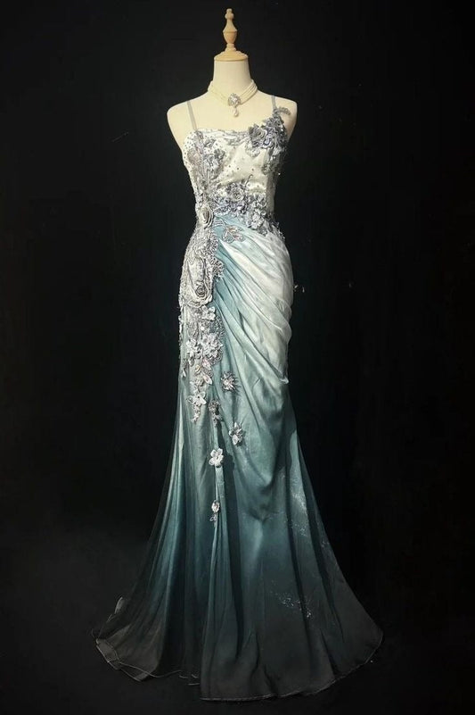 Unique Gorgeous Mermaid Spaghetti Straps Gradient Satin Applique Long Prom Dress,Party Dress,Formal Evening Dress GG4852