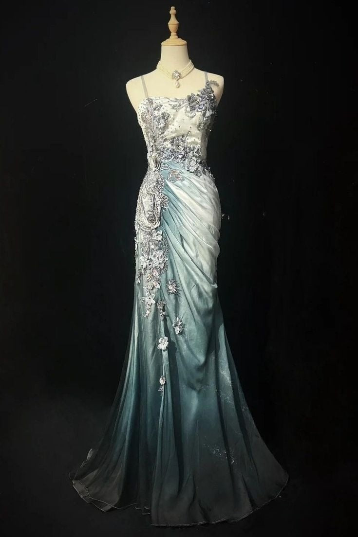 Unique Gorgeous Mermaid Spaghetti Straps Gradient Satin Applique Long Prom Dress,Party Dress,Formal Evening Dress GG4852