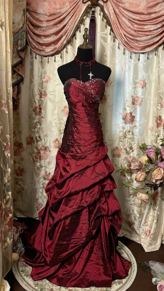 Vintage A Line Strapless Burgundy Satin Beads Long Prom Dress,Party Dress,Formal Evening Dress GG4854