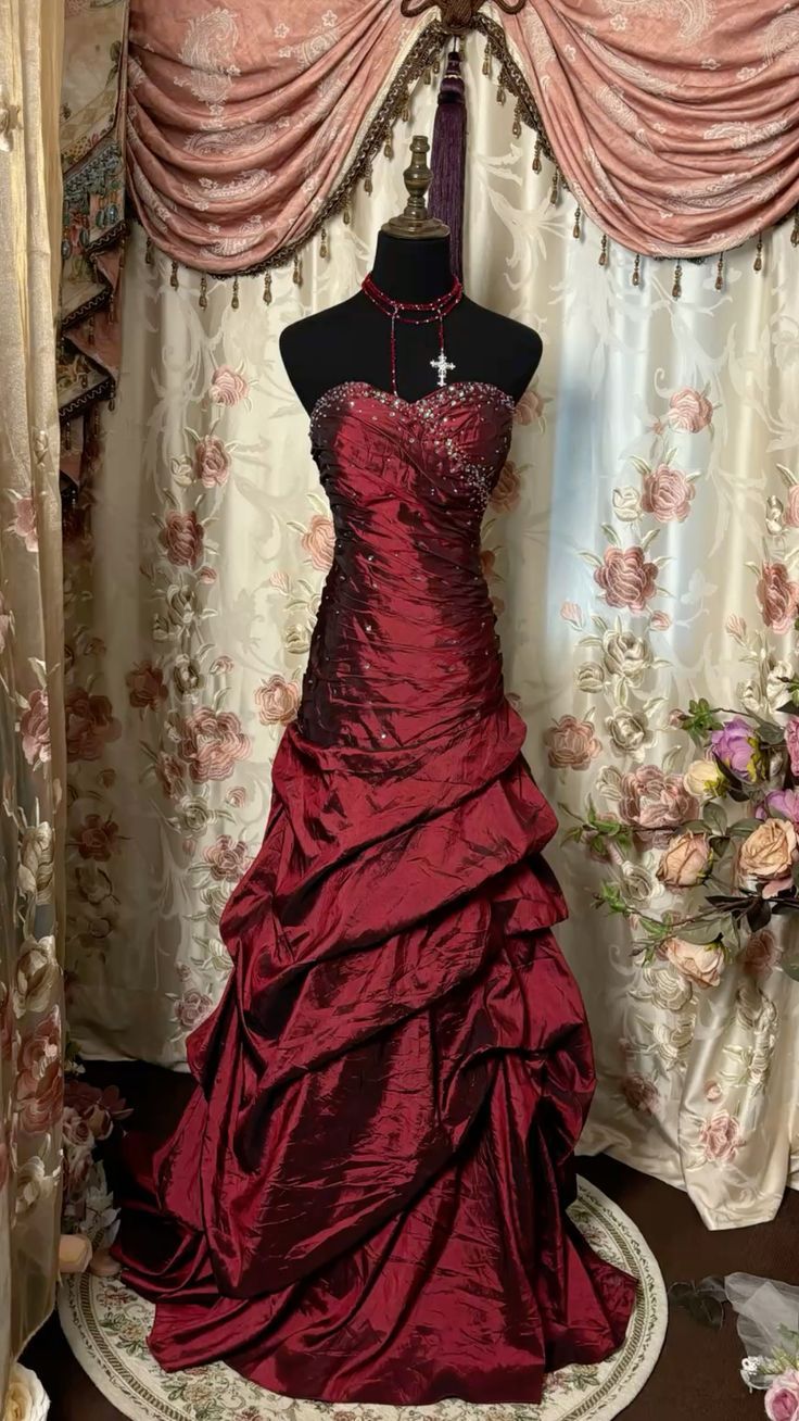 Vintage A Line Strapless Burgundy Satin Beads Long Prom Dress,Party Dress,Formal Evening Dress GG4854