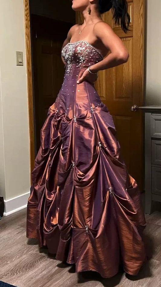 Chic Ball Gown Strapless Satin Beads Long Prom Dress,Party Dress,Formal Evening Dress GG4855